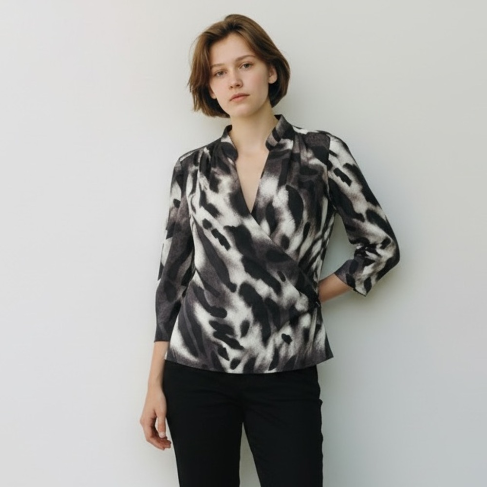 Ann Taylor Black Gray and White Animal Patterned Blouse
